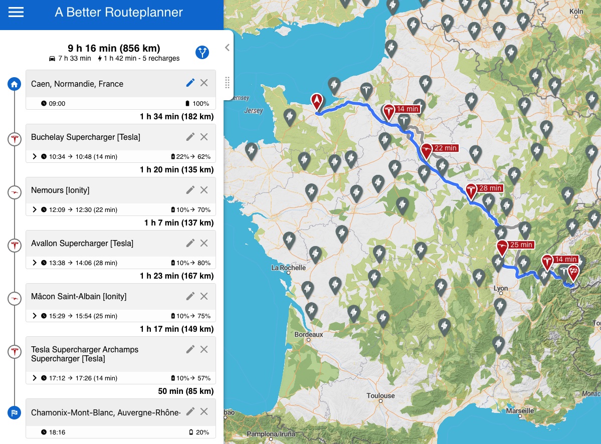 ABRP Caen Chamonix Tesla Model 3 Propulsion