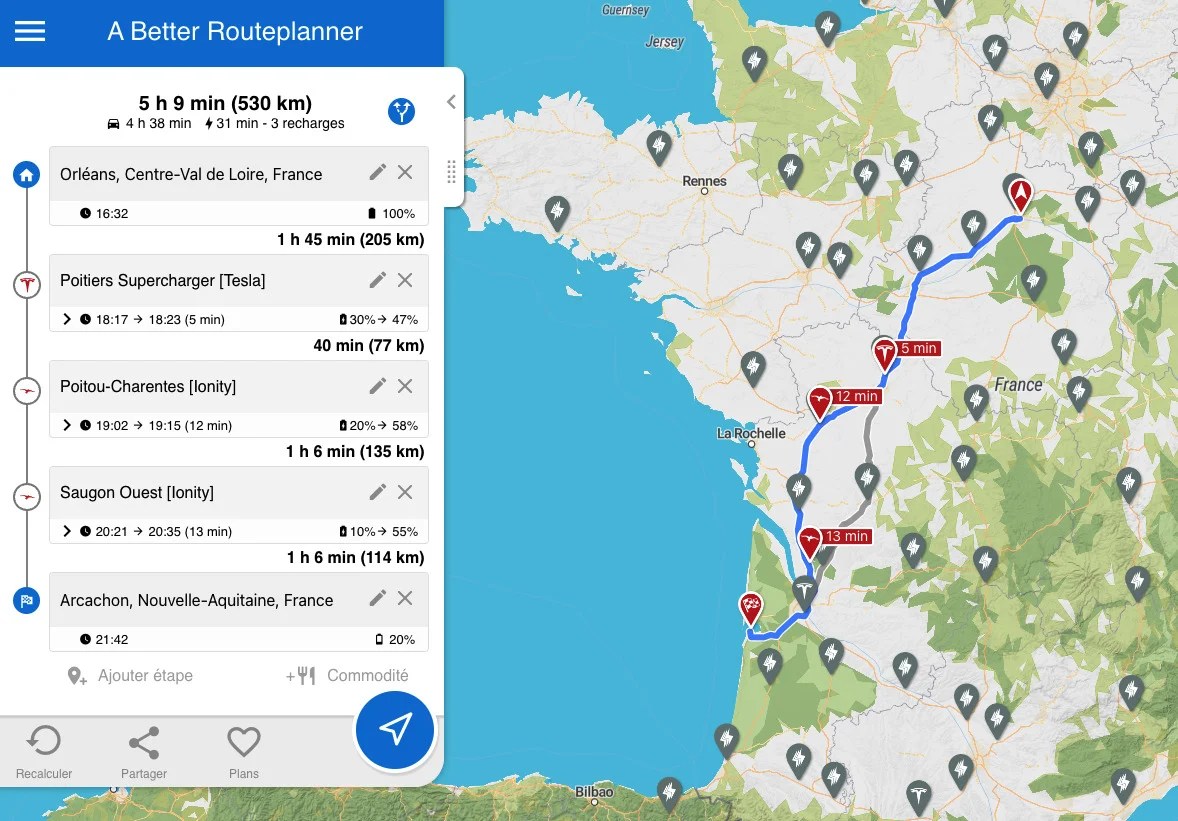 ABRP Orleans Arcachon Tesla Model 3 Propulsion