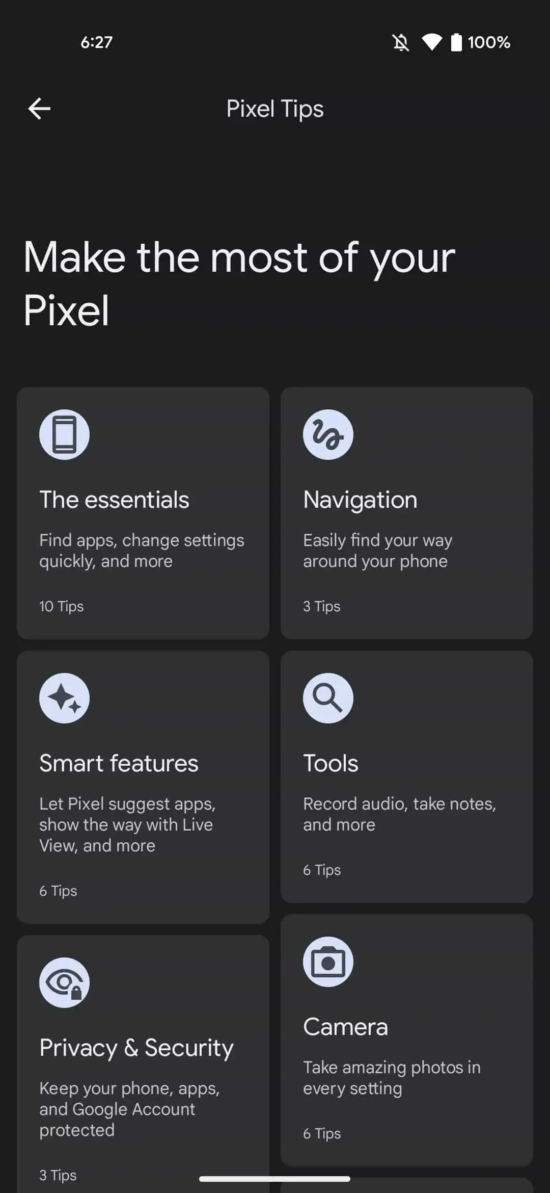 Le menu des Astuces Pixel sur Android 13 Beta 3.1. // Source : 9to5Google