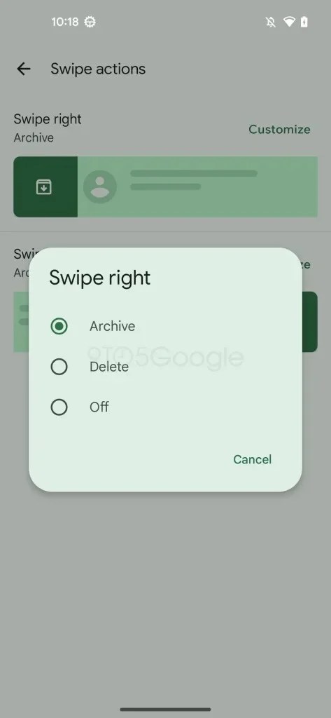 Le nouveau menu de personnalisation des swipes sur Google Messages. // Source : 9to5Google