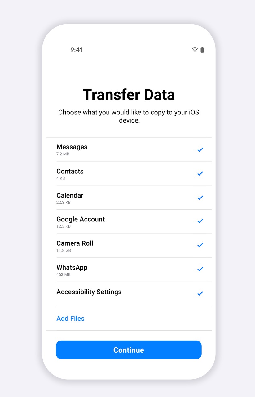 Dans l'app Migrer vers iOS, vous pouvez choisir les données à transférer d'un smartphone Android vers un iPhone // Source : Apple