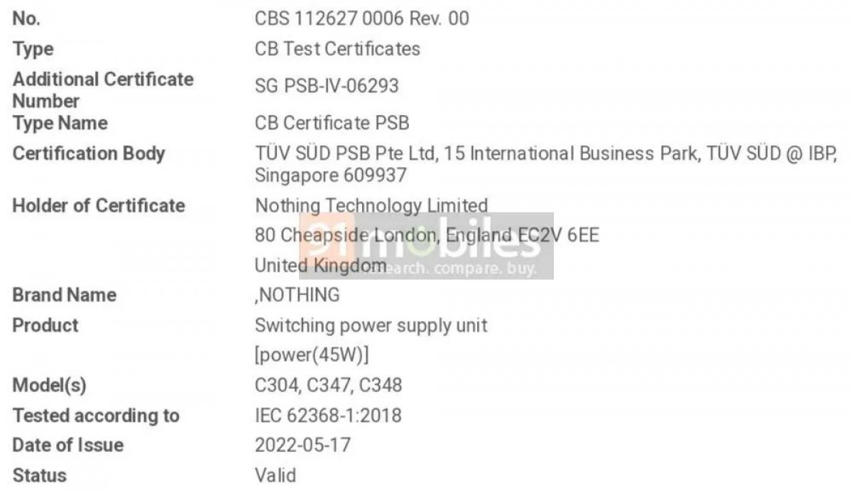 Les caractéristiques supposées du chargeur du Nothing phone (1) // Source : 91Mobiles