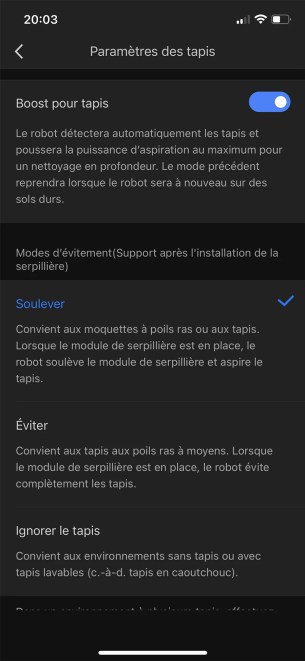 Vous pouvez paramétrer le comportement du robot face aux tapis  // Source : Yazid Amer - Frandroid