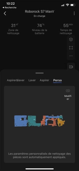 L’icône Perso vous permet de sélectionner dans l’ordre dans lequel seront traitées les pièces, et de personnaliser le mode de nettoyage pour chacune // Source : Yazid Amer - Frandroid