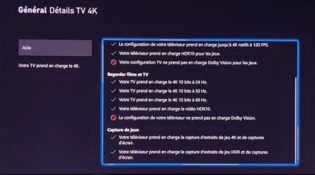 Les détails depuis la Xbox de Microsoft, la fonction Dolby Vision est ici désactivée mais possible.