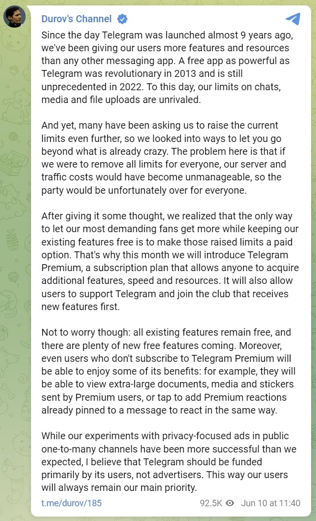 Telegram Premium annonce Durov