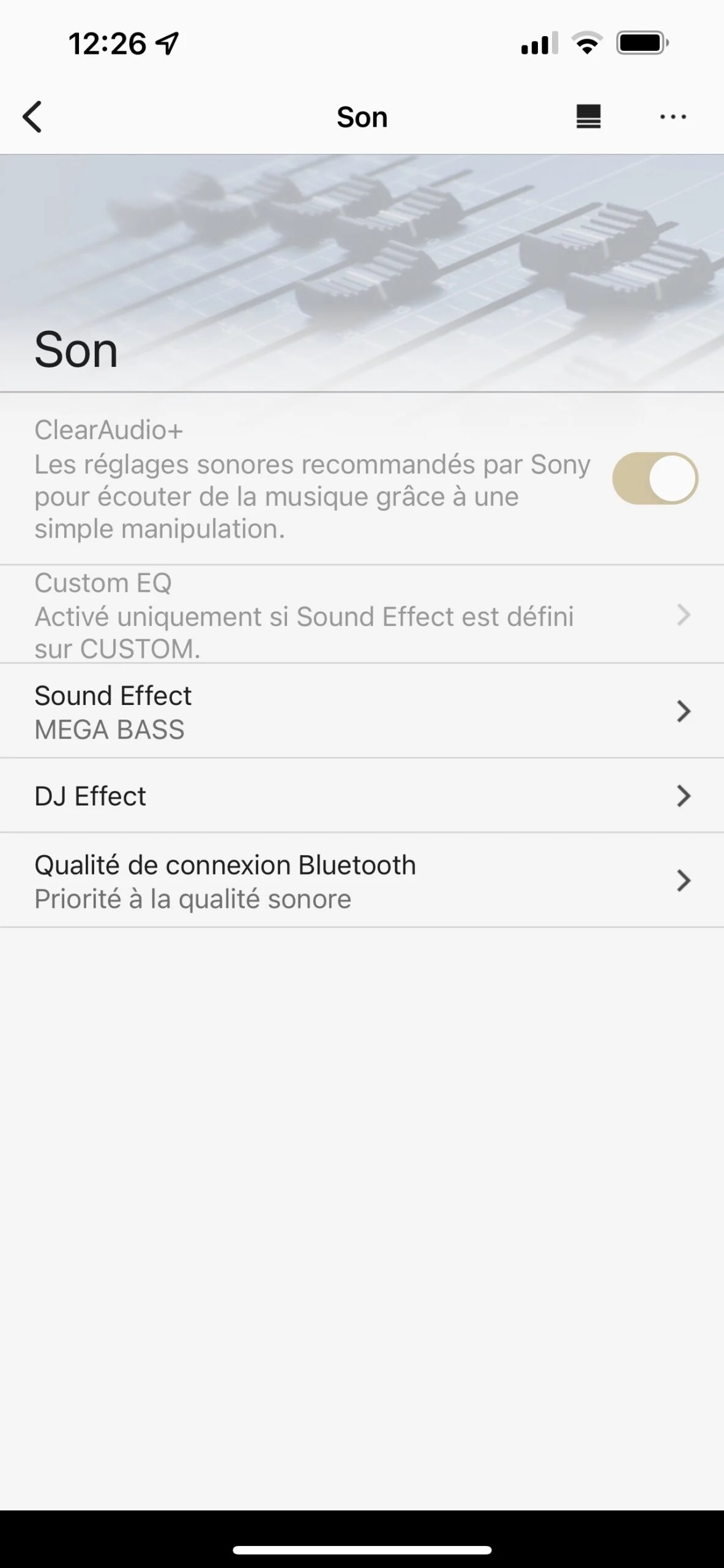 C'est ici que le mode Live Sound peut être activé.