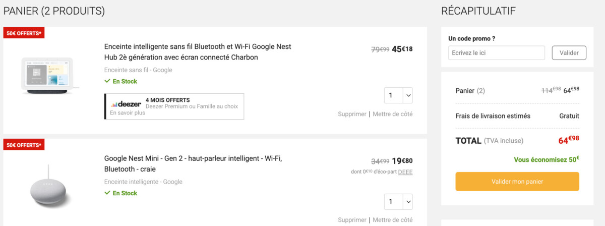 Capture d’écran du panier Fnac — Google Nest Hub + Nest Mini