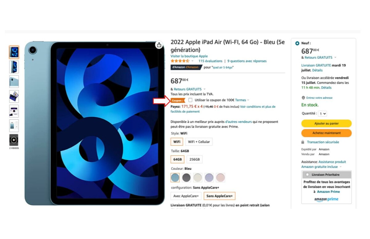 iPad Air 2022 M1 — Amazon coupon de réduction