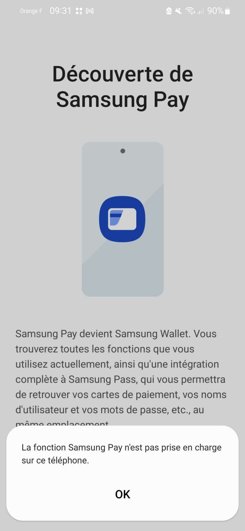Message d&rsquo;erreur Samsung Pay Samsung Wallet