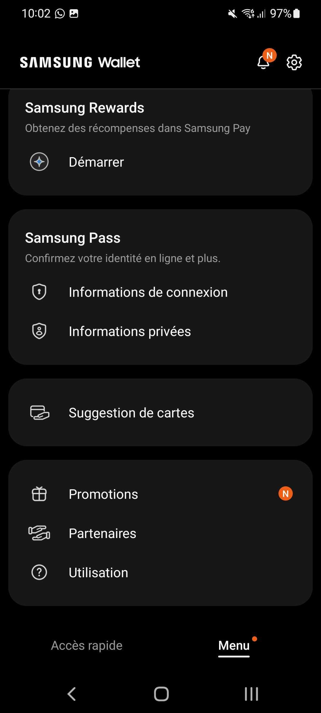 L'interface de Samsung Wallet