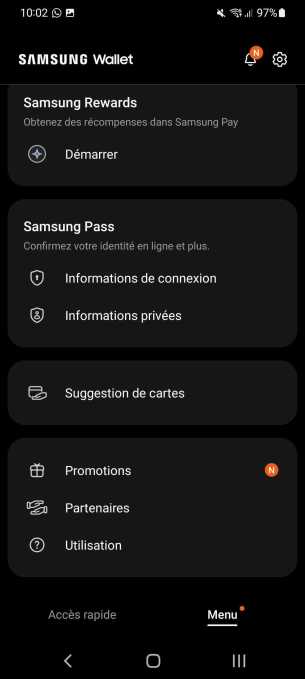 L'interface de Samsung Wallet