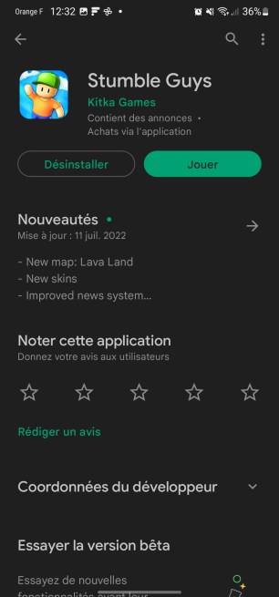 La page Play Store de Stumble Guys // Source : Frandroid