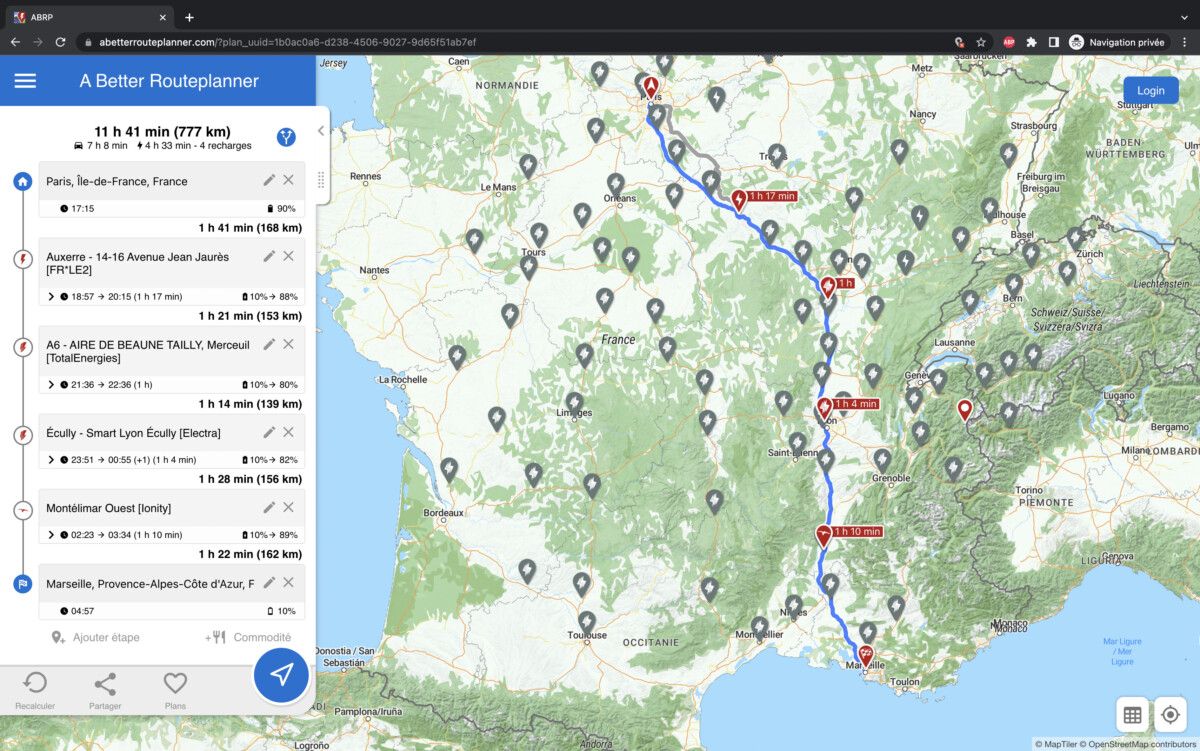 ABRP Paris Marseille Renault Zoé 50 kWh