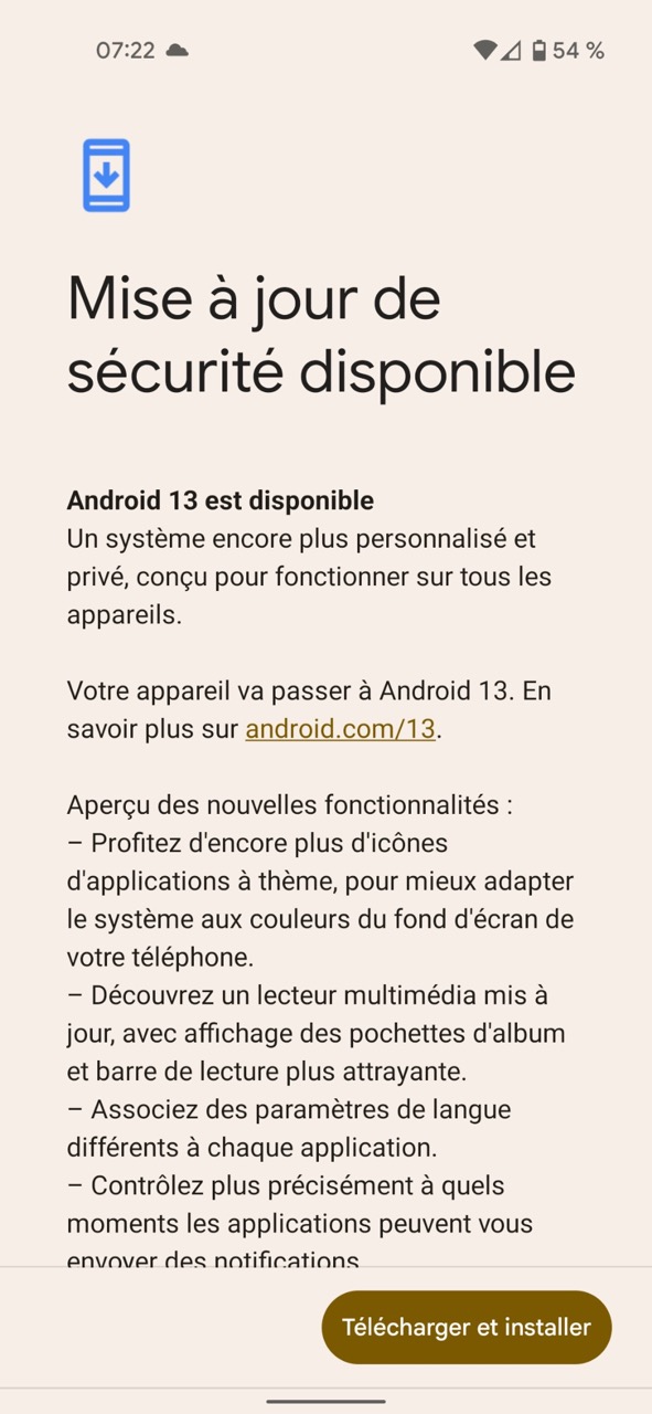 Google Pixel 4a mise à jour vers Android 13 Grande
