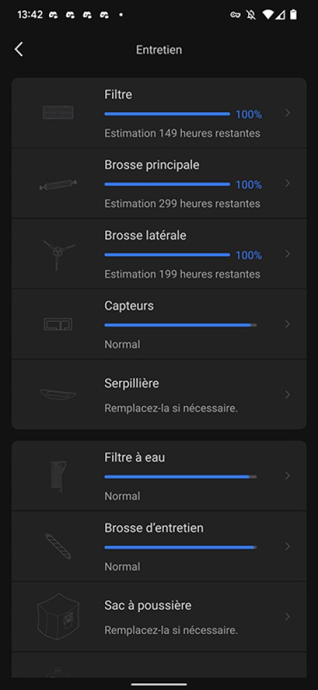 Vous pouvez par exemple avoir un aperçu de l’usure des pièces de votre robot // Source : Yazid Amer - Frandroid