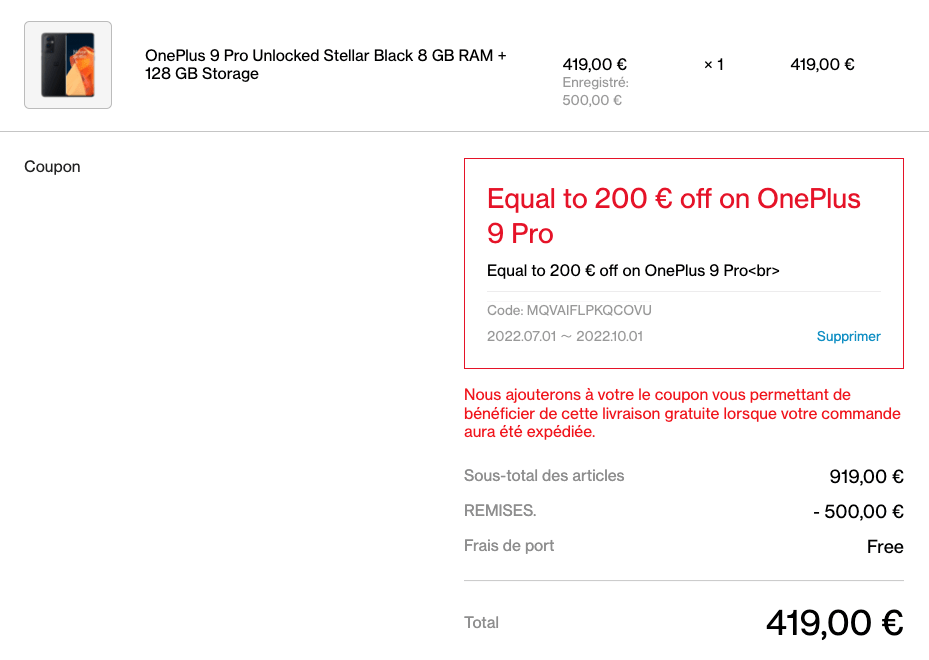 OnePlus 9 Pro shopping cart screenshot