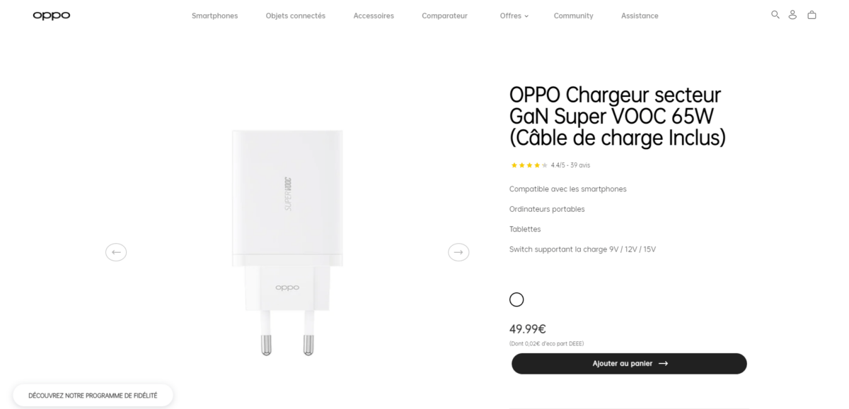 Chargeur 65W en vente sur site Oppo