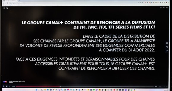 Le message affiché sur la chaîne TF1 depuis le site de Canal Plus // Source : Frandroid
