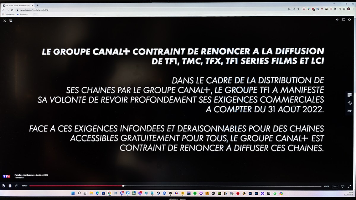 Le message affiché sur la chaîne TF1 depuis le site de Canal Plus