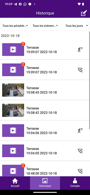 Les alertes avec un point d'exclamation correspondent à un événement enregistré alors que la caméra est sur batterie // Source : Yazid Amer - Frandroid