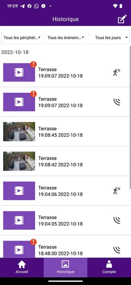 Les alertes avec un point d'exclamation correspondent à un événement enregistré alors que la caméra est sur batterie // Source : Yazid Amer - Frandroid