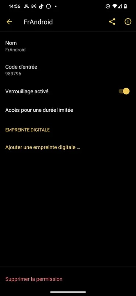 Dommage, ajouter une empreinte n'est pas proposé automatiquement après la création du code // Source : Yazid Amer - Frandroid