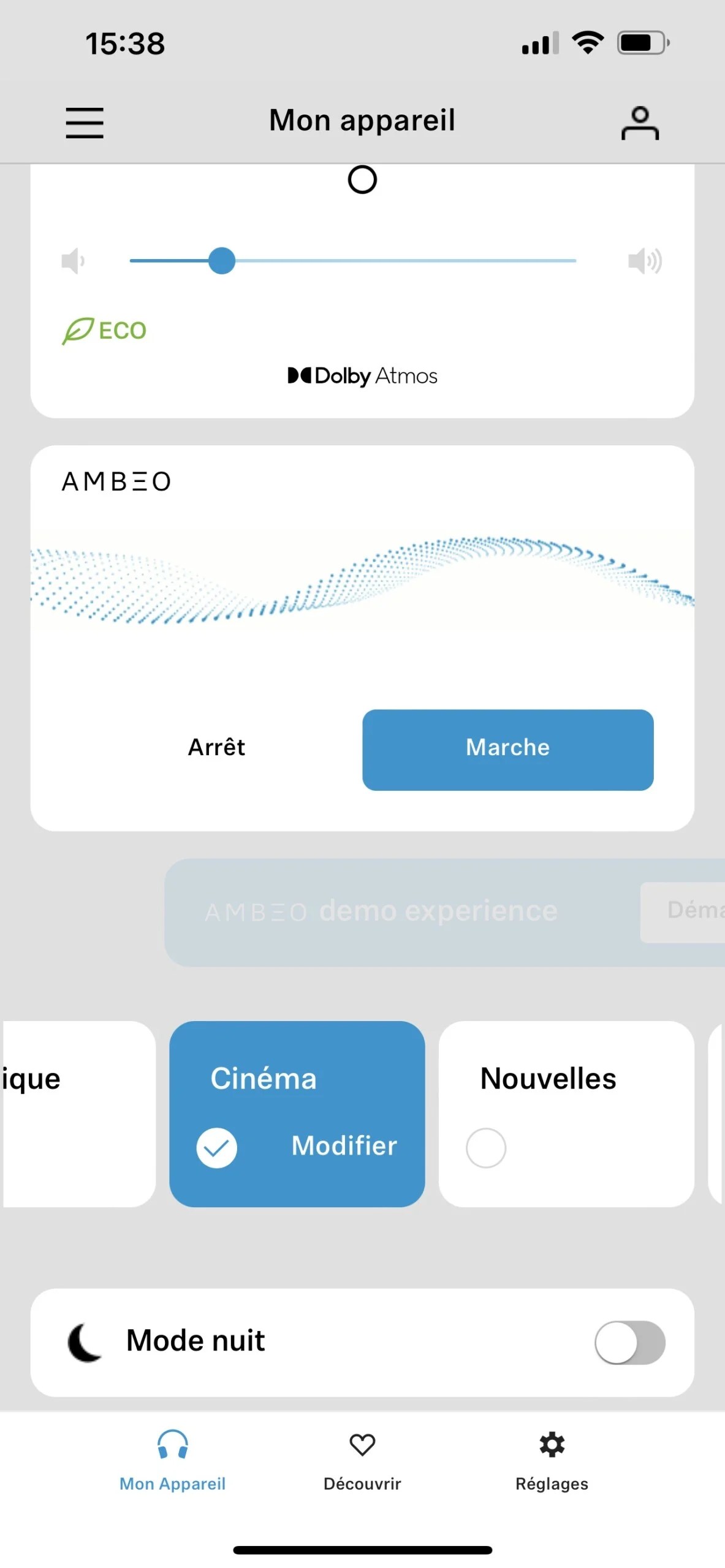 Le choix des modes Ambeo est accessible sur la page principale de l'app.