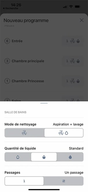 Vous pouvez choisir le mode de nettoyage, le niveau d’humidifier de la serpillière et le nombre de passages  // Source : Yazid Amer - Frandroid