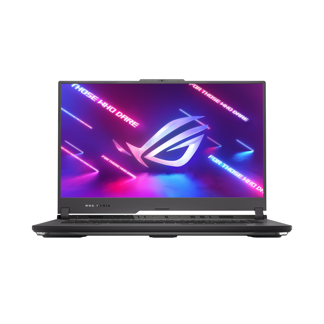 Front angle of the ROG Strix G17 with the ROG Fearless Eye logo visible on screen (Grand)