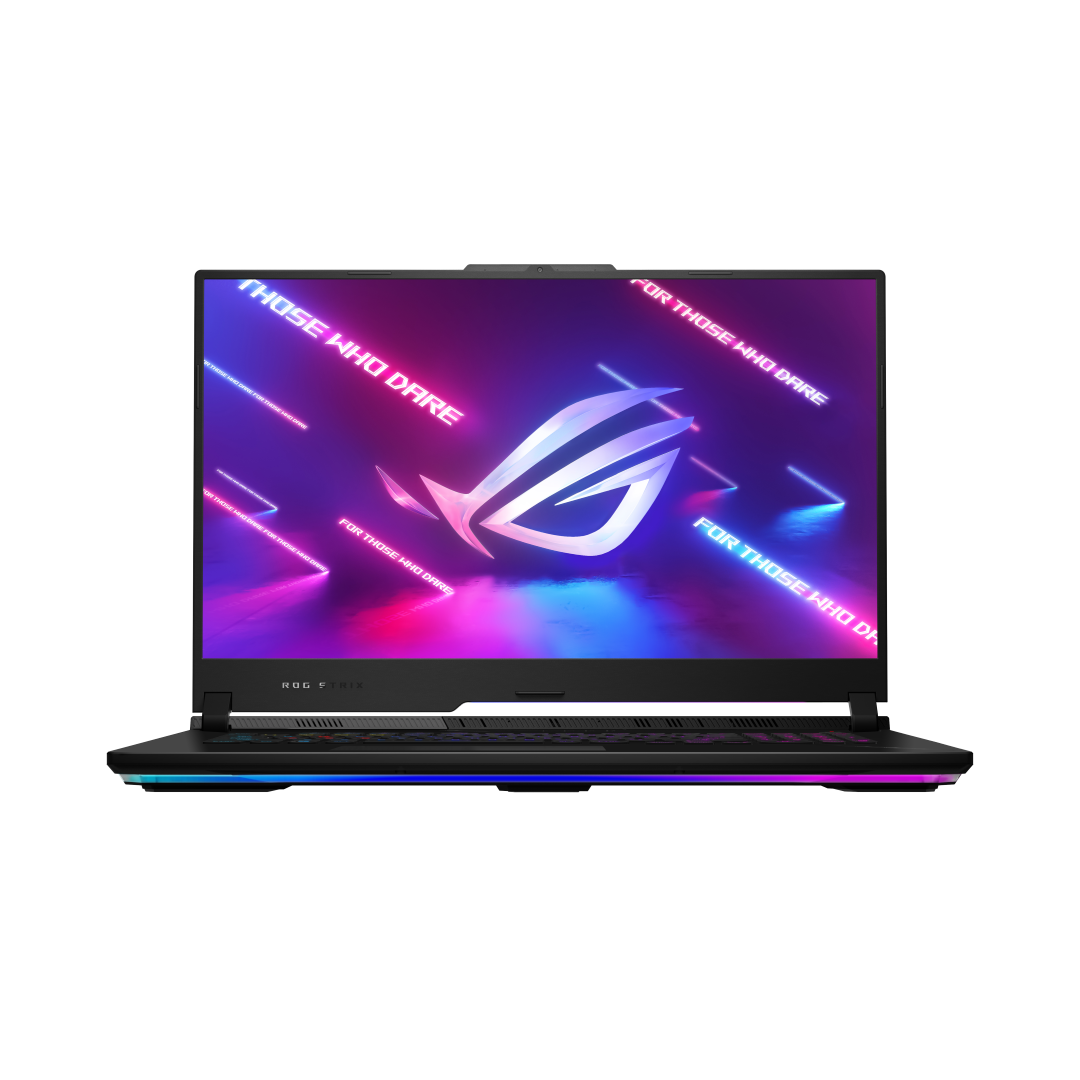 Front angle of the ROG Strix SCAR 17 with the ROG Fearless Eye logo visible on screen (Grand)
