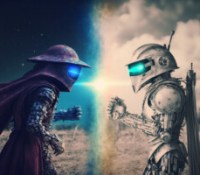 Microsoft ChatGPT vs Google Bard, les deux IA sont représentées par des robots // Source : Image créée par Frandroid avec Midjourney