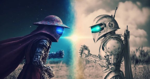 Microsoft ChatGPT vs Google Bard, les deux IA sont représentées par des robots // Source : Image créée par Frandroid avec Midjourney