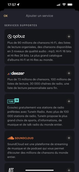 On peut ajouter son service de musique pour bénéficier de raccourcis dans l'app B&W.