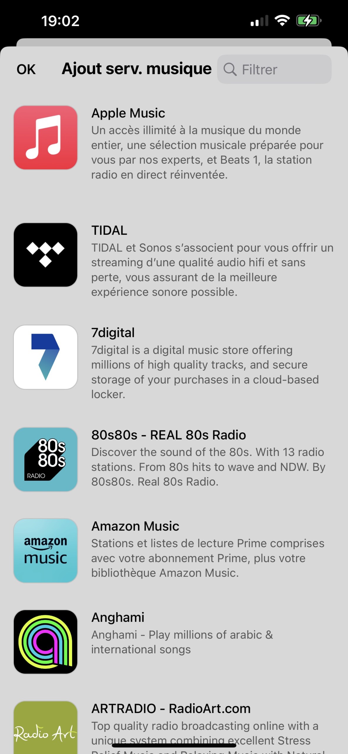 De nombreux services de musique sont recensés dans l'app Sonos.