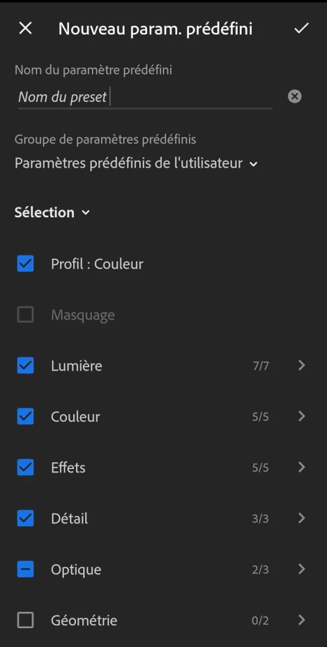 Deuxième étape de la création d'un paramètre prédéfini sur Lightroom mobile // Source : Lola Gréco pour Frandroid