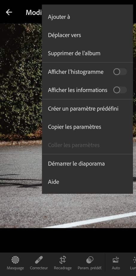 Première étape de la création d'un paramètre prédéfini sur Lightroom mobile // Source : Lola Gréco pour Frandroid