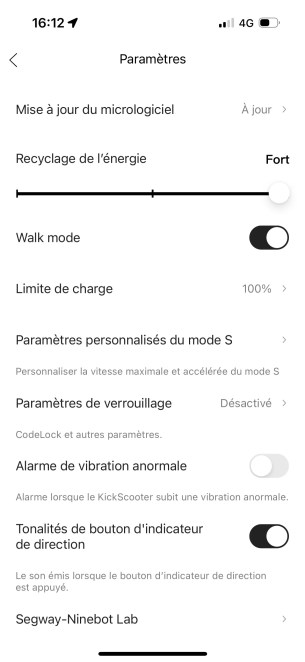 Menu paramètres appli Ninebot