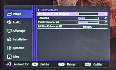 Le menu pour les réglages du projecteur.