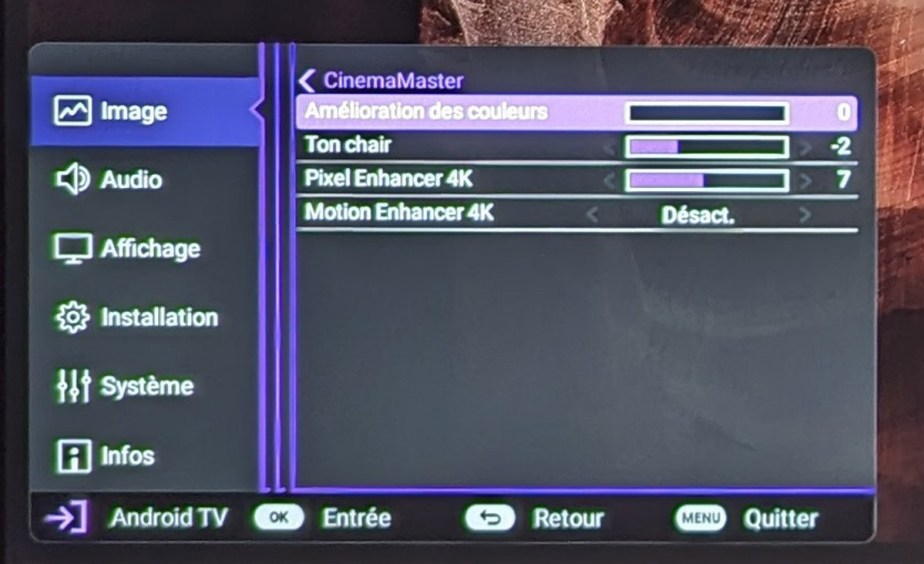 Le menu pour les réglages du projecteur.