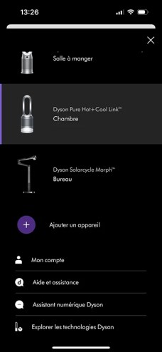 Dyson purifier cool capture d'écran appli myDyson 01