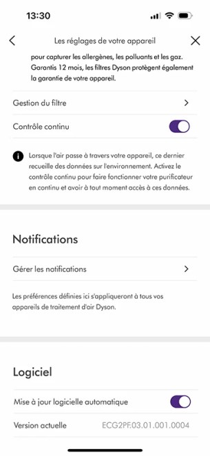Dyson purifier cool capture d'écran appli myDyson 20