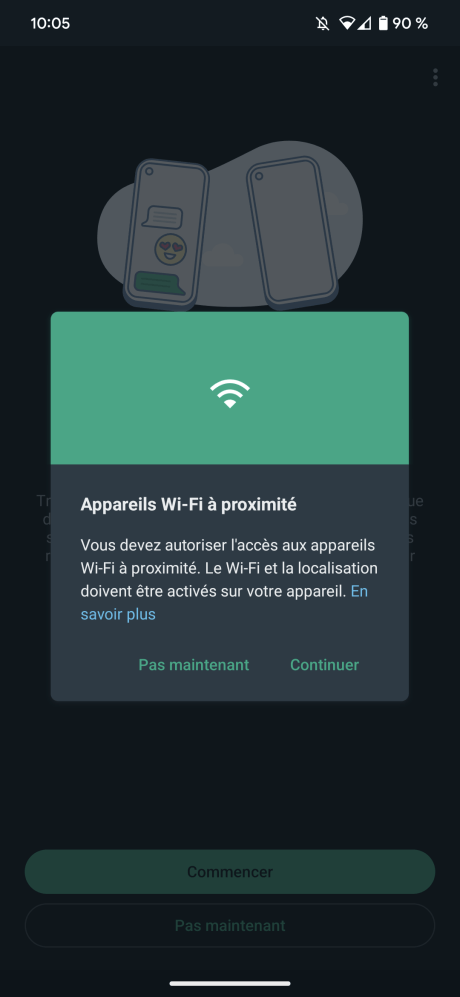 Le nouveau transfert de discussions sur WhatsApp fonctionne avec le Wi-Fi Direct // Source : Frandroid