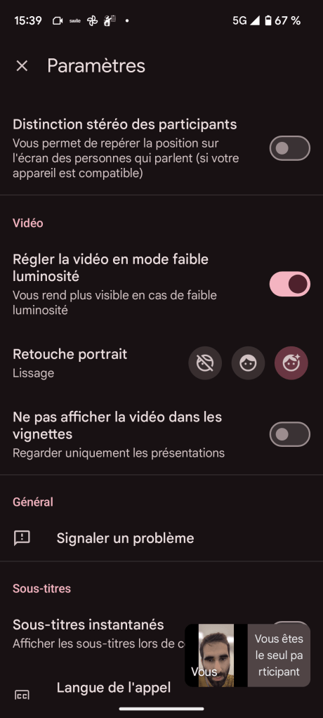 L'option Lissage dans Google Meet // Source : Frandroid