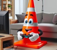 « un cône de circulation joue à un jeu vidéo sur un téléviseur dans un salon » // Source : généré avec Bing Creator