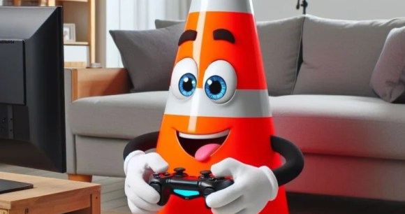 « un cône de circulation joue à un jeu vidéo sur un téléviseur dans un salon » // Source : généré avec Bing Creator