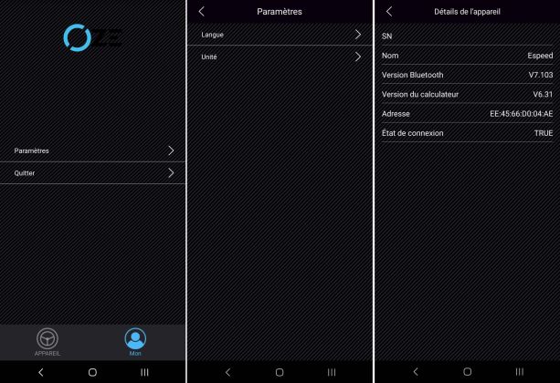 Oze E-Speed appli paramètres