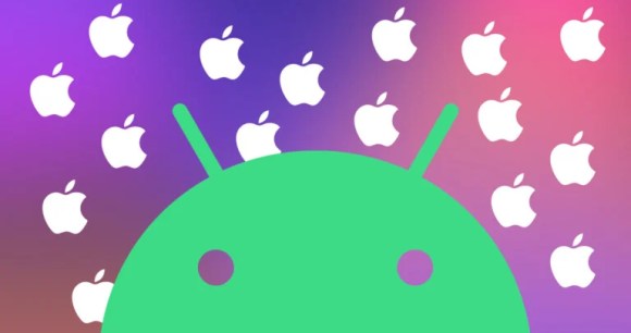 Le logo Android entouré de plusieurs logos d'Apple // Source : Frandroid