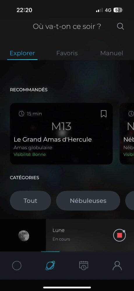 La partie dédiée à l'observation sur l'application