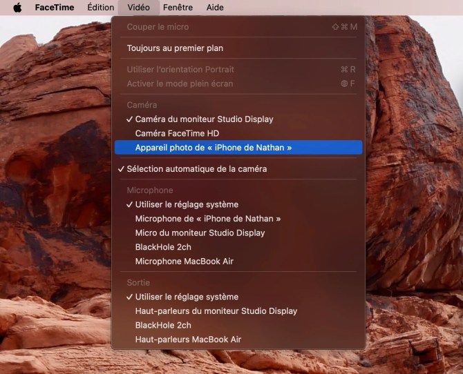Fenêtre de sélection de la caméra sur FaceTime